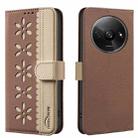For Redmi A3 Splicing Color Hollow Flower Pattern RFID Leather Phone Case(Brown) - 1