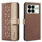 For Redmi K70 / K70 Pro Splicing Color Hollow Flower Pattern RFID Leather Phone Case(Brown) - 1