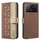 For Redmi K70E Splicing Color Hollow Flower Pattern RFID Leather Phone Case(Brown) - 1