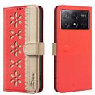 For Redmi K70E Splicing Color Hollow Flower Pattern RFID Leather Phone Case(Red) - 1