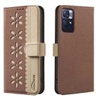 For Redmi Note 11 / Note 11S Splicing Color Hollow Flower Pattern RFID Leather Phone Case(Brown) - 1