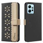 For Redmi Note 12 4G Splicing Color Hollow Flower Pattern RFID Leather Phone Case(Black) - 1