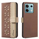 For Redmi Note 13 5G Splicing Color Hollow Flower Pattern RFID Leather Phone Case(Brown) - 1