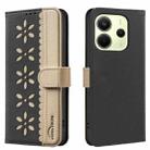For Redmi Note 14 4G 163.25mm Splicing Color Hollow Flower Pattern RFID Leather Phone Case(Black) - 1