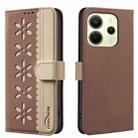 For Redmi Note 14 4G 163.25mm Splicing Color Hollow Flower Pattern RFID Leather Phone Case(Brown) - 1
