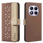 For Redmi Note 14 Pro 4G Splicing Color Hollow Flower Pattern RFID Leather Phone Case(Brown) - 1