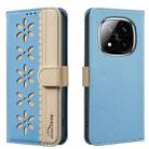 For Redmi Note 14 Pro 5G / 14 Pro+ 5G Splicing Color Hollow Flower Pattern RFID Leather Phone Case(Baby Blue) - 1