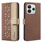 For Xiaomi Poco M7 Pro 5G Splicing Color Hollow Flower Pattern RFID Leather Phone Case(Brown) - 1