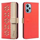 For Xiaomi Poco F5 Splicing Color Hollow Flower Pattern RFID Leather Phone Case(Red) - 1