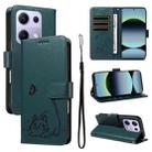 For Redmi Note 13 Pro 4G / 14S 4G Adorable Cat Embossed Pattern Flip Leather Phone Case(Dark Green) - 1