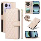 For Xiaomi Poco M6 Pro 4G Global Three Card Slot Diamond Grid  Leather Phone Case with Long / Short Straps(Beige) - 1