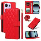 For Xiaomi Poco M6 Pro 4G Global Three Card Slot Diamond Grid  Leather Phone Case with Long / Short Straps(Red) - 1