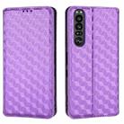 For Sony Xperia 1 III Cubic Grid Texture Flip Leather Phone Case(Purple) - 2
