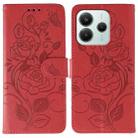 For Redmi Note 14 4G 163.25mm Global Rose Butterfly Embossed Leather Phone Case(Red) - 1