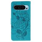 For Google Pixel 9 Pro Rose Butterfly Embossed Leather Phone Case(Blue) - 3