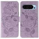 For Google Pixel 9 Pro Rose Butterfly Embossed Leather Phone Case(Purple) - 1