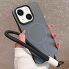 For iPhone 15 Plus Metal Diamond Texture Lens Frame MagSafe Phone Case with Lanyard(Black) - 1