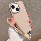 For iPhone 15 Plus Metal Diamond Texture Lens Frame MagSafe Phone Case with Lanyard(Khaki) - 1