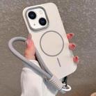 For iPhone 14 Metal Diamond Texture Lens Frame MagSafe Phone Case with Lanyard(White) - 1