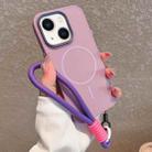 For iPhone 14 Metal Diamond Texture Lens Frame MagSafe Phone Case with Lanyard(Purple) - 1