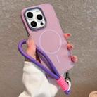 For iPhone 14 Pro Metal Diamond Texture Lens Frame MagSafe Phone Case with Lanyard(Purple) - 1