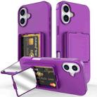 For iPhone 16 Skin Feel TPU Hidden Mirror Card Bag Phone Case with Stand(Dark Purple) - 1