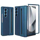 For Samsung Galaxy Z Fold5 5G Integrated Electroplated Plain Leather Pen Slot Center Axis Folding Phone Case with Stylus(Blue) - 1
