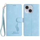 For iPhone 15 Plus Skin Feel Embossed Feather Leather Phone Case(Light Blue) - 1