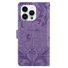 For iPhone 15 Pro Embossed Floral Pattern Leather Phone Case(Purple) - 3