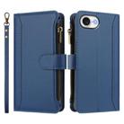 For iPhone 16e Magnetic Closure 9 Card Slots Zipper Leather Case with Hand Strap(Dark Blue) - 2