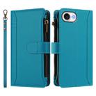 For iPhone 16e Magnetic Closure 9 Card Slots Zipper Leather Case with Hand Strap(Turquoise) - 2