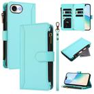 For iPhone 16e Magnetic Closure 9 Card Slots Zipper Leather Case with Hand Strap(Mint Green) - 1