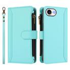 For iPhone 16e Magnetic Closure 9 Card Slots Zipper Leather Case with Hand Strap(Mint Green) - 2