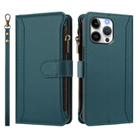 For iPhone 16 Pro Max Magnetic Closure 9 Card Slots Zipper Leather Case with Hand Strap(Dark Green) - 2