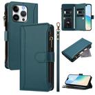 For iPhone 16 Pro Magnetic Closure Nine Card Slots Zipper Leather Phone Case with Hand Strap(Dark Green) - 1