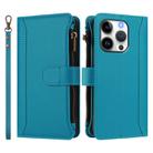 For iPhone 16 Pro Magnetic Closure 9 Card Slots Zipper Leather Case with Hand Strap(Turquoise) - 2