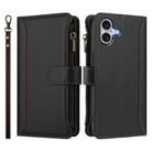 For iPhone 16 Plus Magnetic Closure 9 Card Slots Zipper Leather Case with Hand Strap(Black) - 2