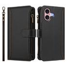 For iPhone 16 Magnetic Closure 9 Card Slots Zipper Leather Case with Hand Strap(Black) - 2