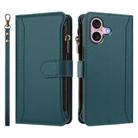 For iPhone 16 Magnetic Closure 9 Card Slots Zipper Leather Case with Hand Strap(Dark Green) - 2