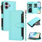 For iPhone 16 Magnetic Closure 9 Card Slots Zipper Leather Case with Hand Strap(Mint Green) - 1