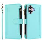 For iPhone 16 Magnetic Closure 9 Card Slots Zipper Leather Case with Hand Strap(Mint Green) - 2