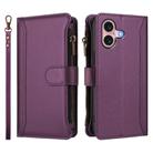 For iPhone 16 Magnetic Closure 9 Card Slots Zipper Leather Case with Hand Strap(Purple) - 2