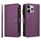 For iPhone 15 Pro Max Magnetic Closure 9 Card Slots Zipper Leather Case with Hand Strap(Purple) - 2