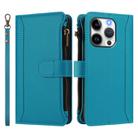 For iPhone 15 Pro Magnetic Closure 9 Card Slots Zipper Leather Case with Hand Strap(Turquoise) - 2