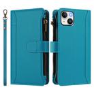 For iPhone 15 Plus Magnetic Closure 9 Card Slots Zipper Leather Case with Hand Strap(Turquoise) - 2