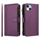 For iPhone 15 Plus Magnetic Closure 9 Card Slots Zipper Leather Case with Hand Strap(Purple) - 2