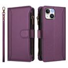 For iPhone 15 Magnetic Closure 9 Card Slots Zipper Leather Case with Hand Strap(Purple) - 2