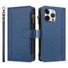 For iPhone 14 Pro Max Magnetic Closure 9 Card Slots Zipper Leather Case with Hand Strap(Dark Blue) - 2