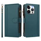 For iPhone 14 Pro Magnetic Closure 9 Card Slots Zipper Leather Case with Hand Strap(Dark Green) - 2
