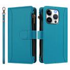 For iPhone 14 Pro Magnetic Closure 9 Card Slots Zipper Leather Case with Hand Strap(Turquoise) - 2